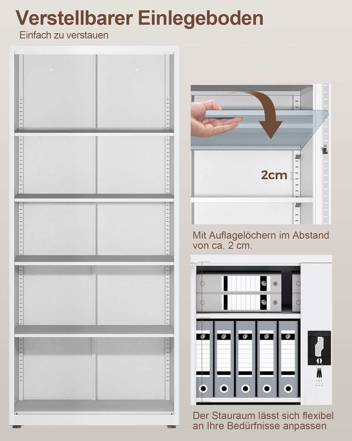 LAND·VOI Stahlschrank 5 Ebenen mit Schloss verstellbare Einlegeböden Doppeltüren Aktenschrank Werkzeugschrank für Büro Garage Haushalt Werkstatt 80x40x181.5 cm weiß