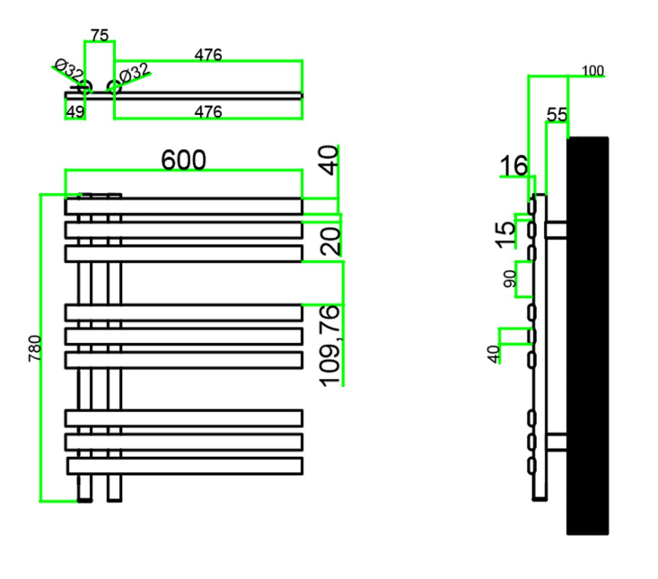 Eastbrook Loddon elektrische handdoekradiator 60x80cm 350W zwart mat