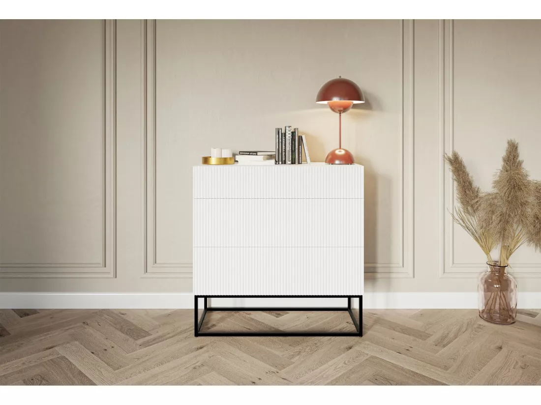 Commode à trois tiroirs - 90 cm - blanc avec pieds noirs - VELDIO