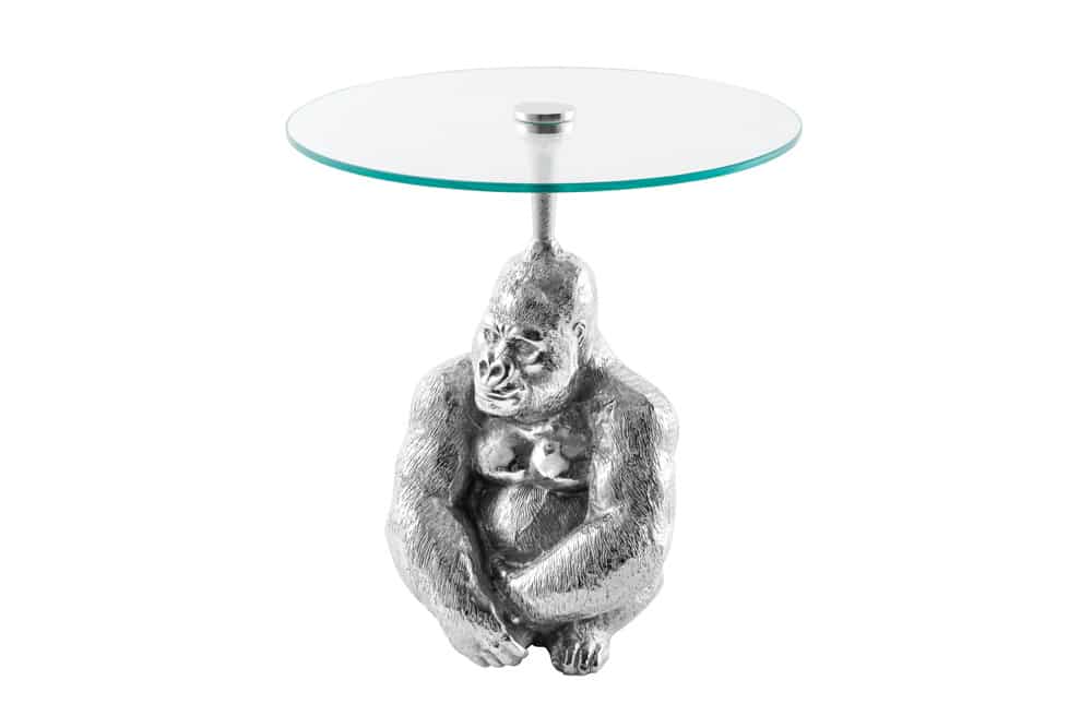 Runder Beistelltisch KONG 50cm silber Metall Glas Affenfigur Gorilla Skulptur