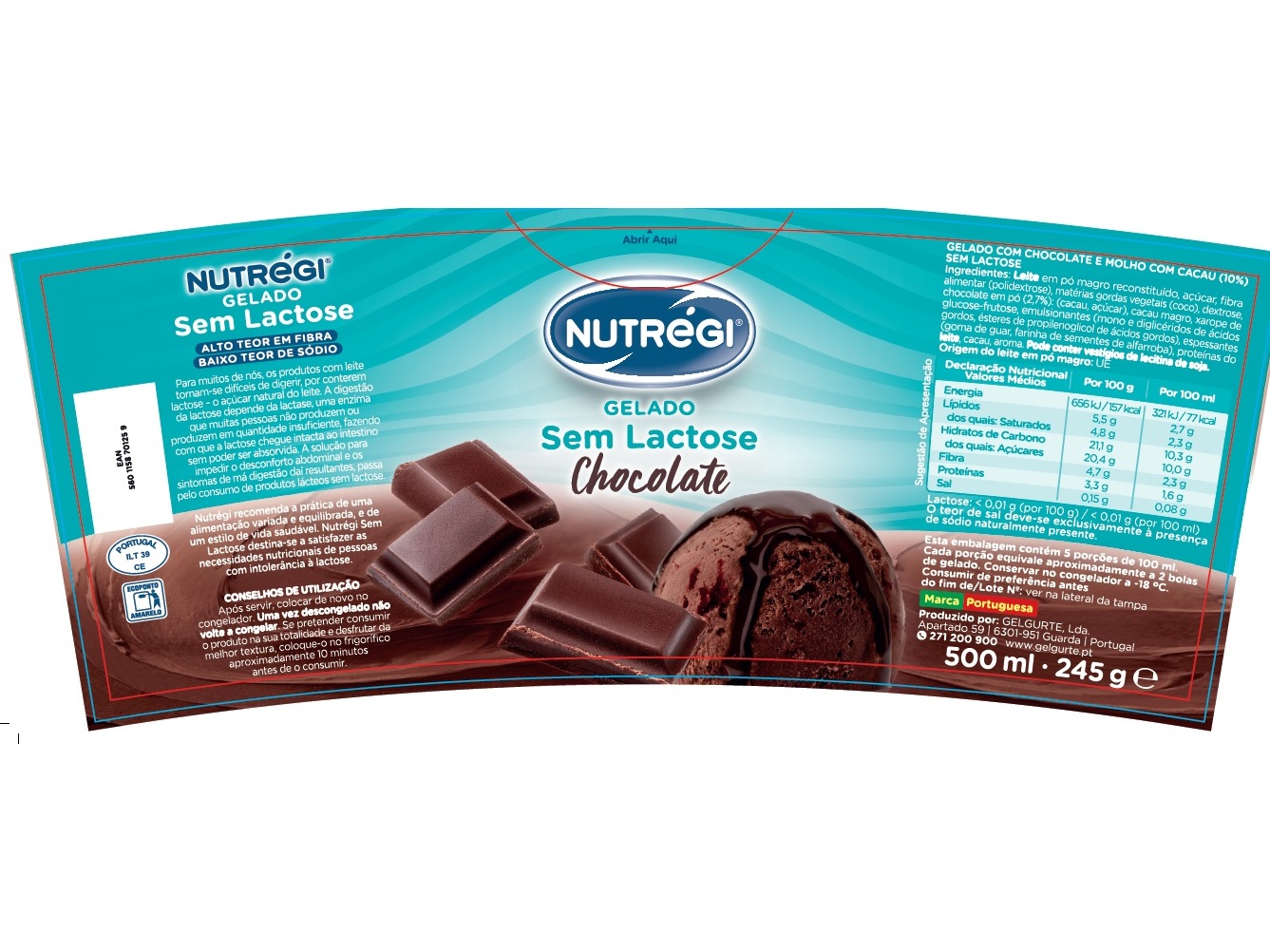 GELADO S/LACTOSE NUTRÉGI CHOCOLATE 500 ML