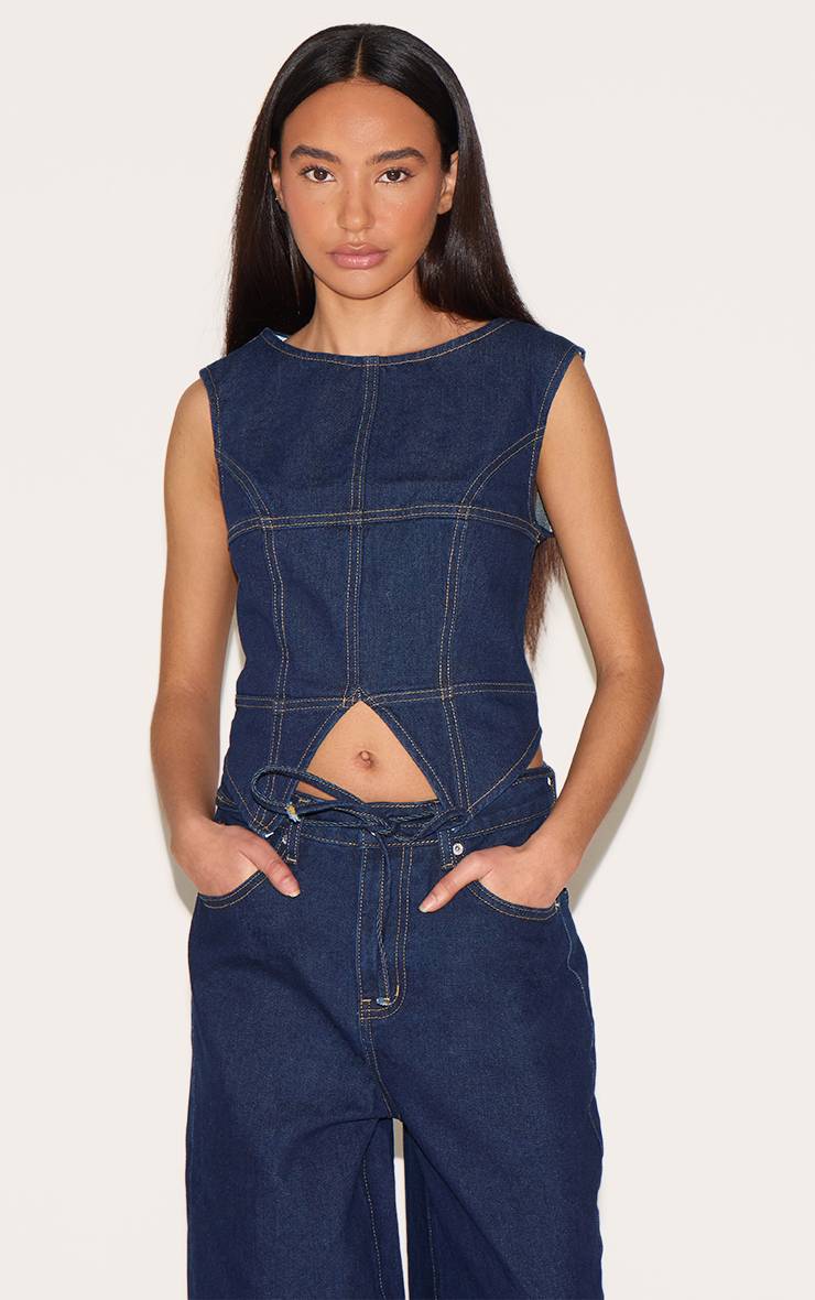 Bleu Indigo Haut Long En Denim Petite Avec Détails De Coutures