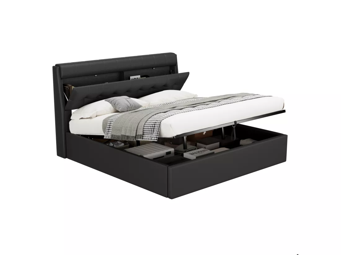 Lit coffre 180x200 cm - en similicuir - tête de lit avec rangement - Noir