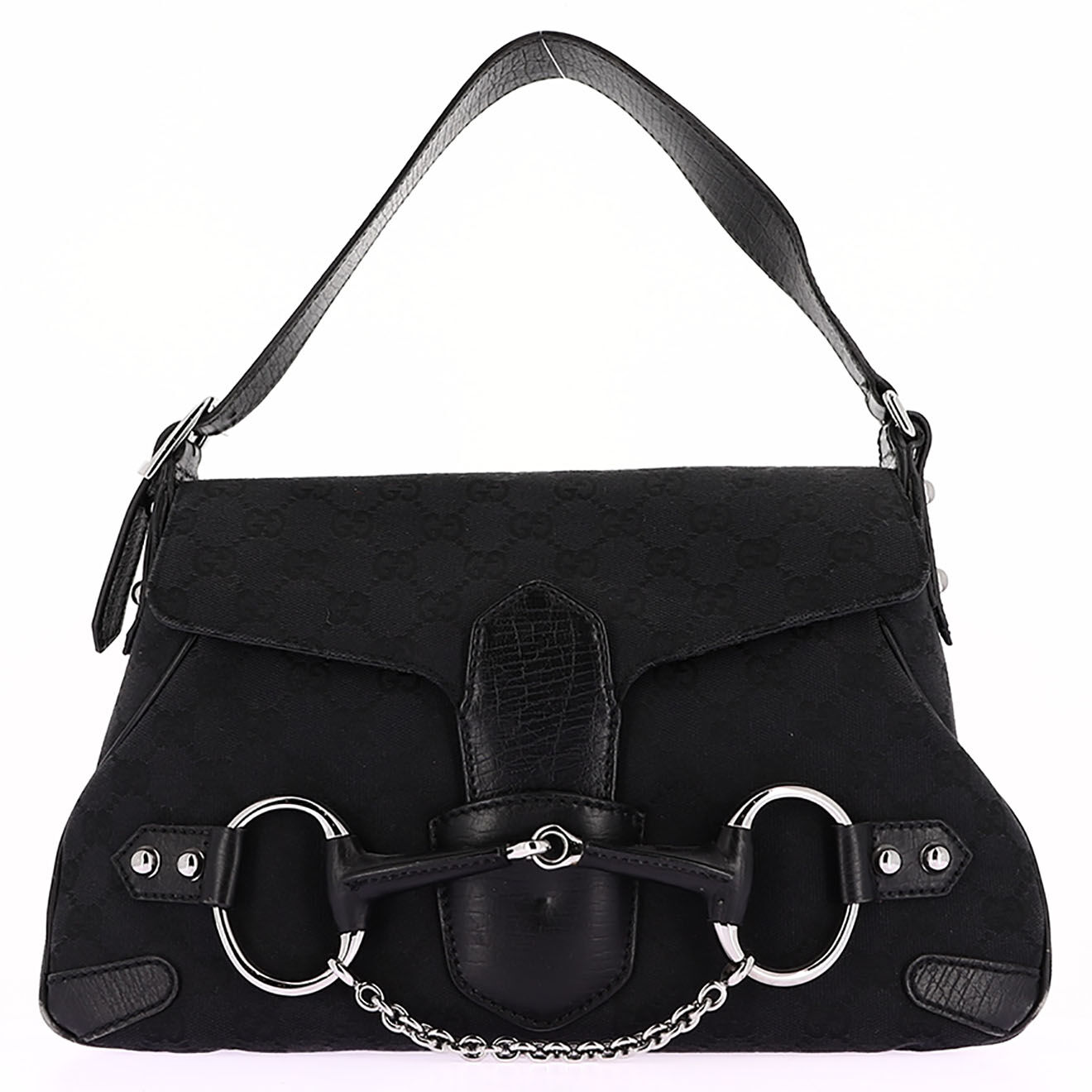 Gucci Sac porté épaule Horsebit 1955 en Toile Monogramme & Cuir noir - Très bon état - L.31 cm