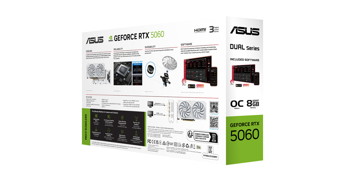 ASUSGeForce RTX 5060 DUAL OC WHITE 8GB grafische kaart  (Wit, DLSS 4, 3x DisplayPort, 1x HDMI 2.1)