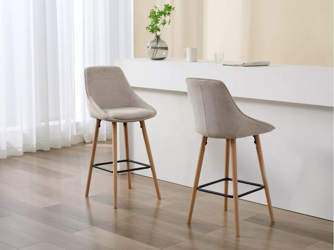 Lot de 2 tabourets de bar en tissu texturé et hêtre - Beige - MASURIE