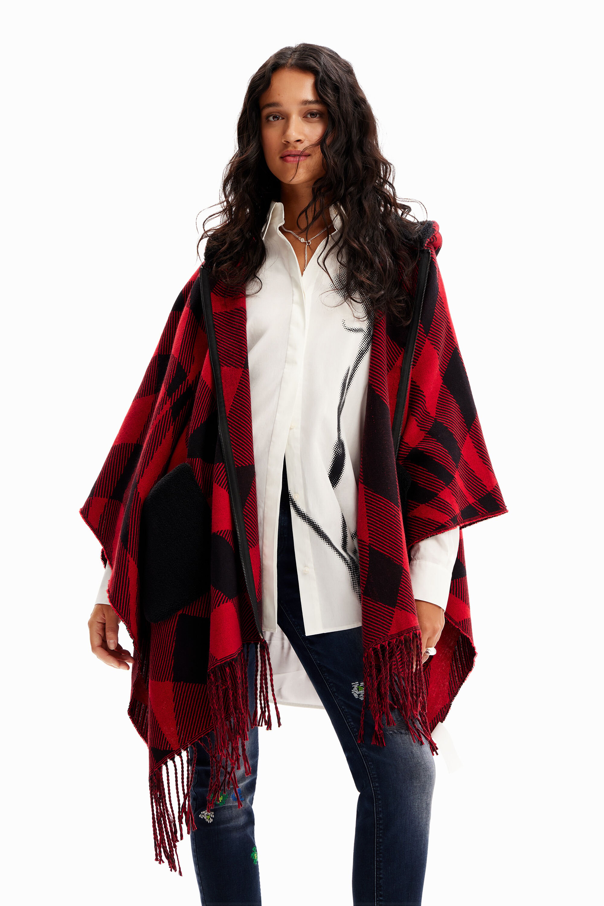 Poncho carreaux capuche