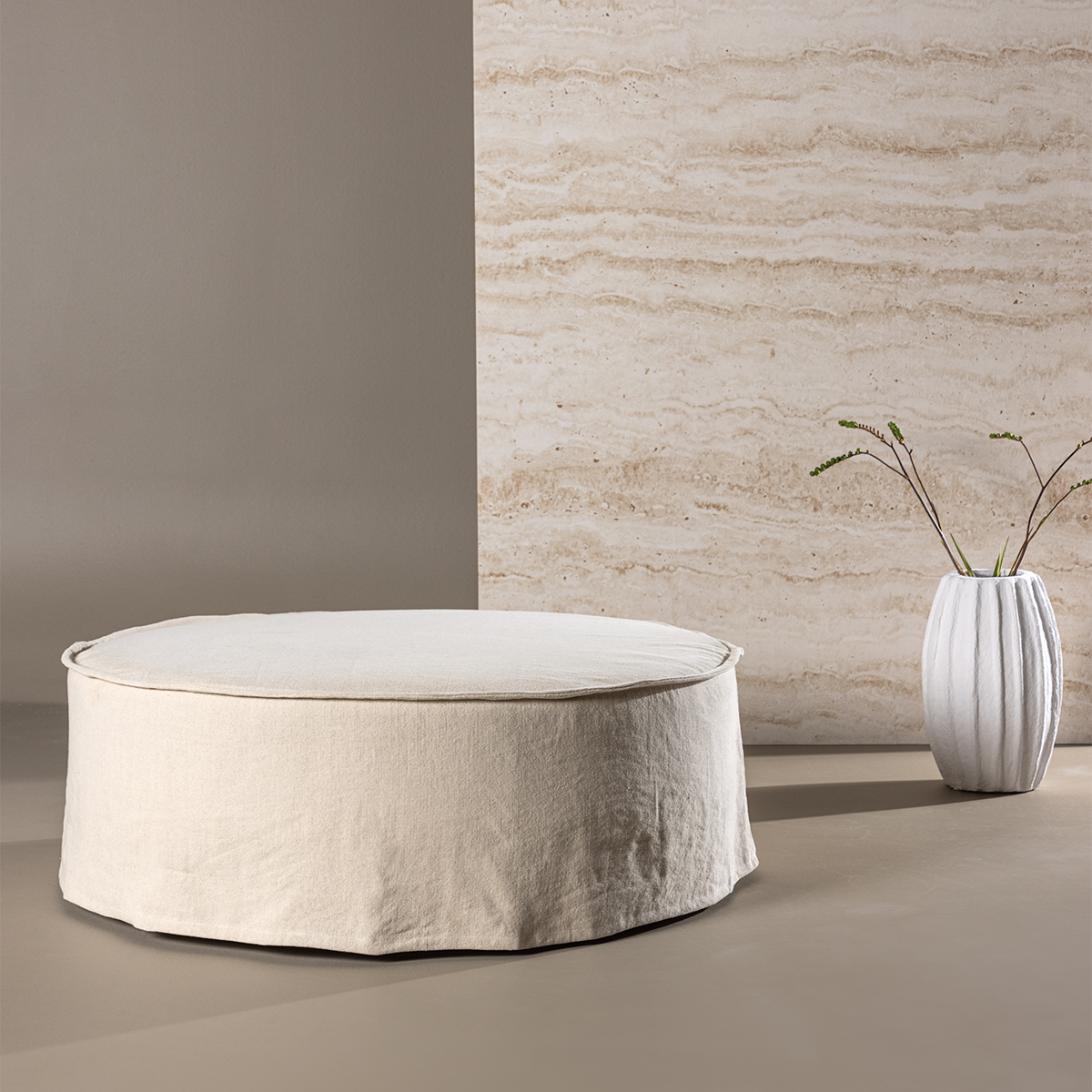 Nest living Odette Ronde Linnen Poef Beige - Ã 101 cm