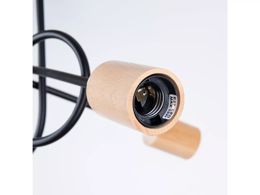 Lustre Ember minimaliste en acier/bois - 3 sources lumineuses - L.14 x H.26 cm - noir/bois naturel