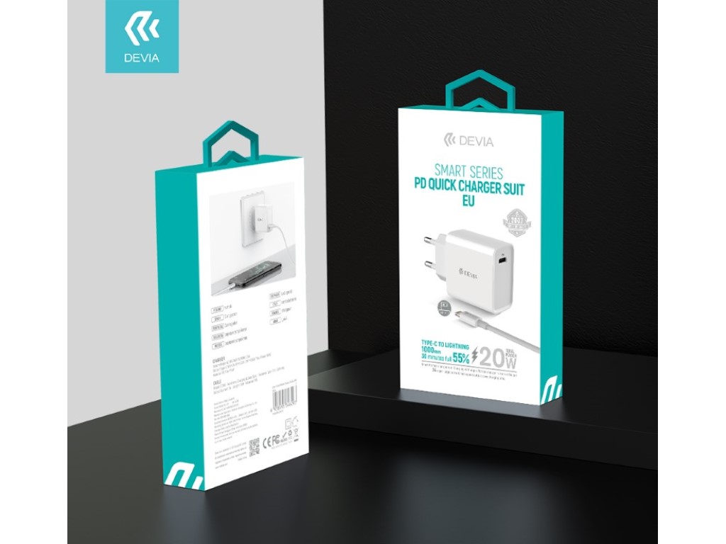 CARREGADOR USB-C DEVIA 20W COM CABO LIGHTNING BRANCO