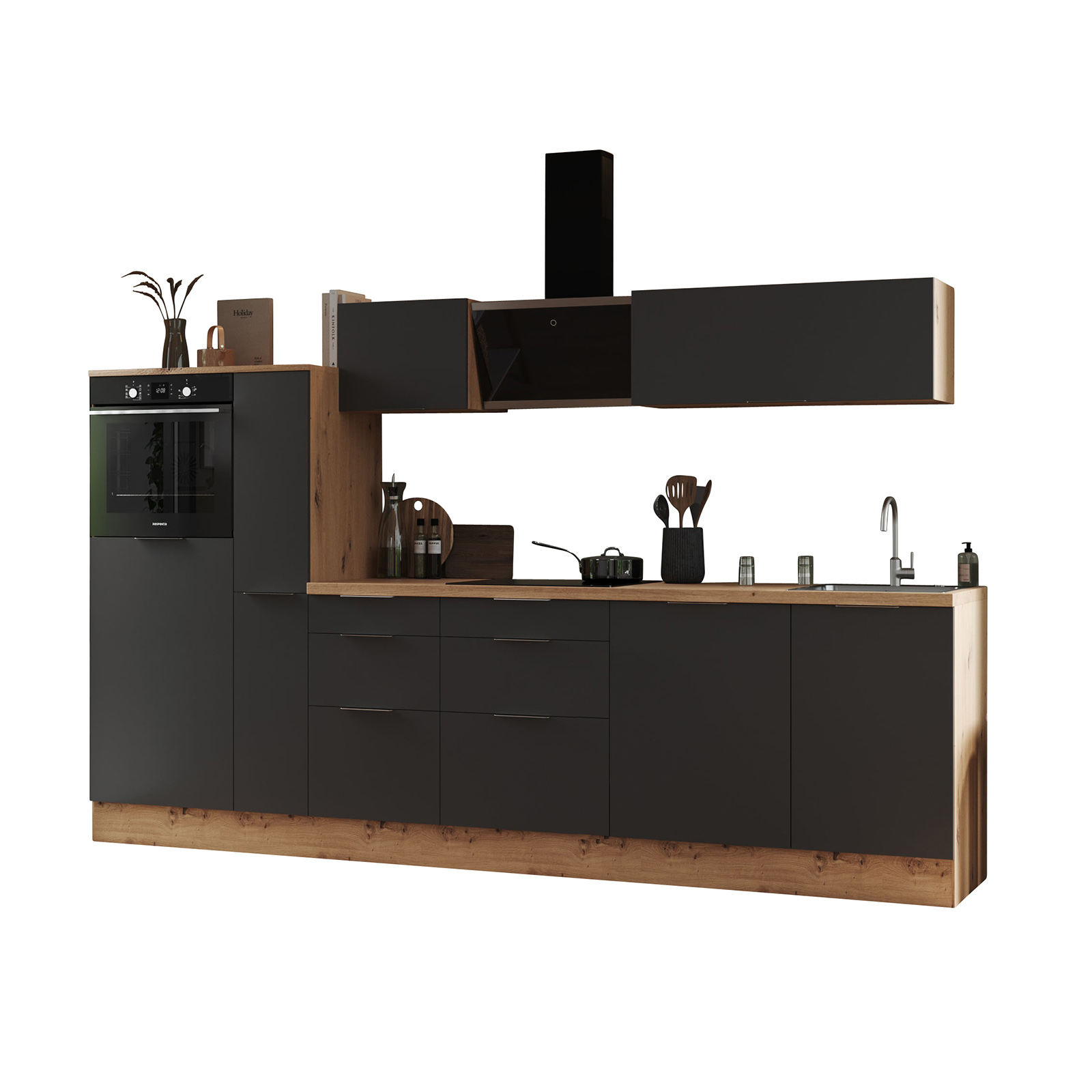RESPEKTA Küchenblock - grau matt - Artisan Eiche - mit E-Geräten - 310 cm
