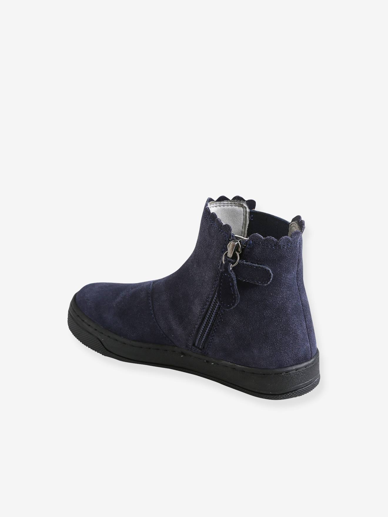 Botas de cano curto com elástico e zíper, para meninas, azul escuro liso