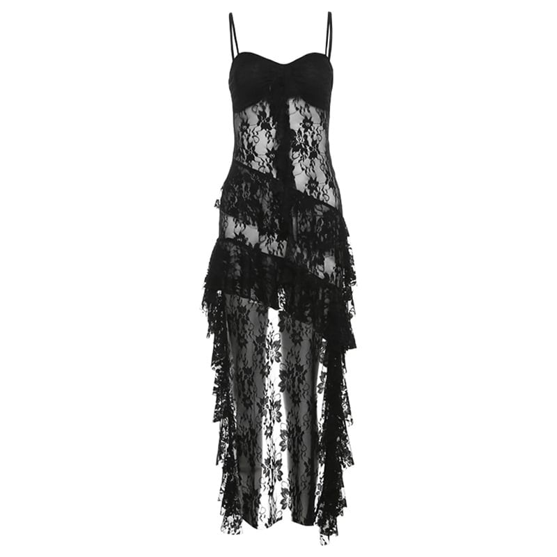 Sosana - Mini-jurk met spaghettibandjes, kanten paneel, asymmetrische zoom en gerimpelde zoom
