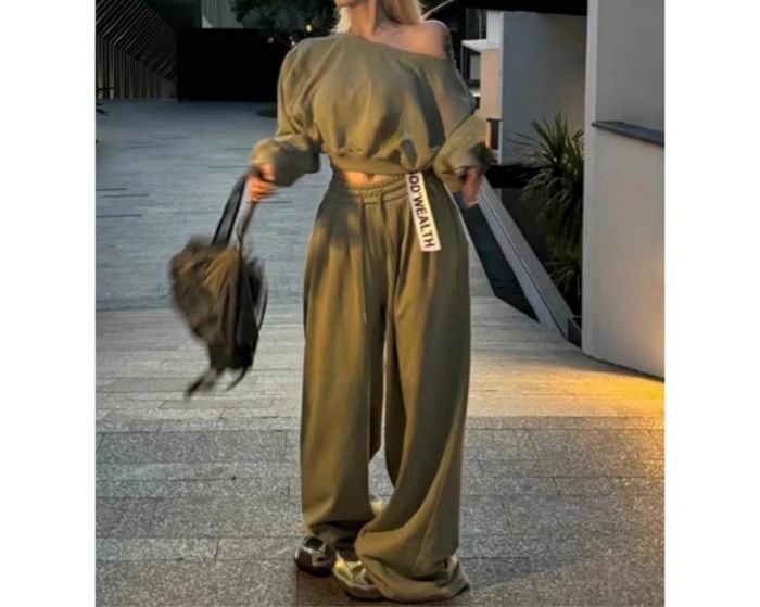Bolgivy - Set: Cold Shoulder Plain Crop Sweatshirt + Drawstring Waist Plain Wide Leg Sweatpants