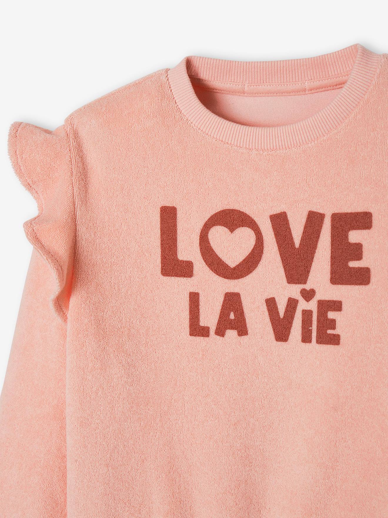Blusa de moletom rosa claro com babados em tecido atoalhado para meninas