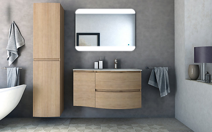 Meuble sous vasque à suspendre Vague décor chêne naturel 104 cm + plan vasque en résine blanc + meuble complément gauche