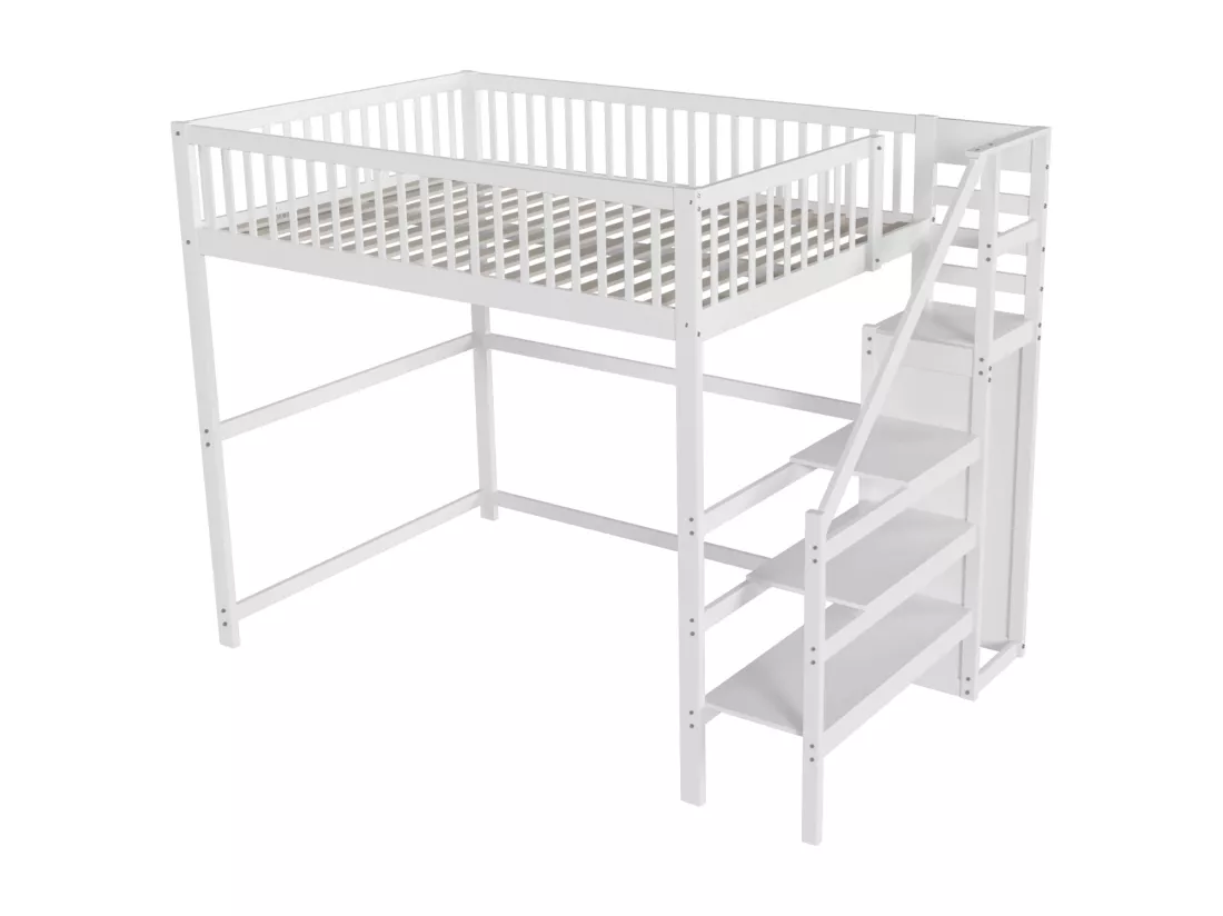 Lit mezzanine 140 x 200 cm avec armoire et escalier - bois massif et MDF - blanc (sans matelas)