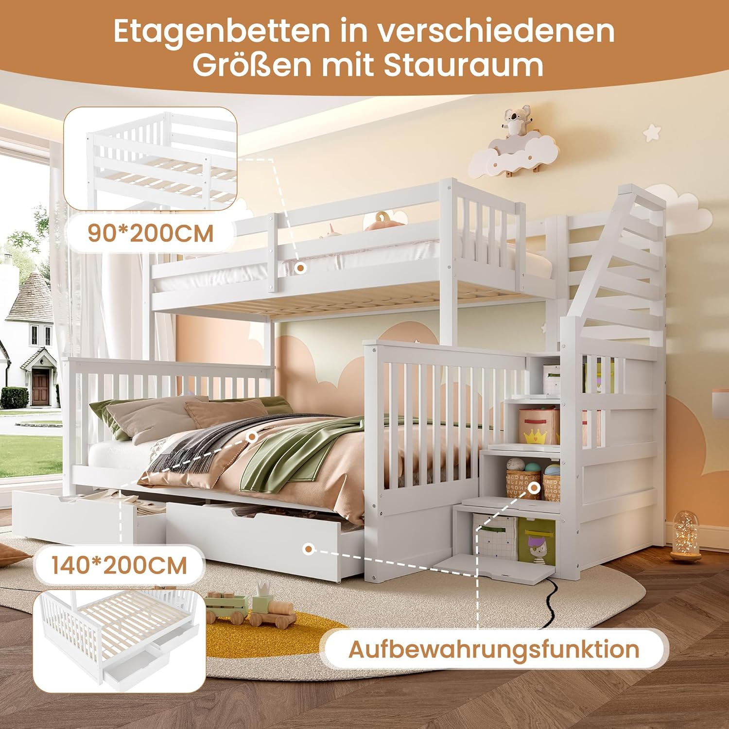 Hochbett Etagenbett 90x200cm+140x200cm mit Große Schubladen, Stauraumtreppe und Sicherheitszaun, Multifunktionsbett Kinderbett für 2 Kinder (Weiß-3)