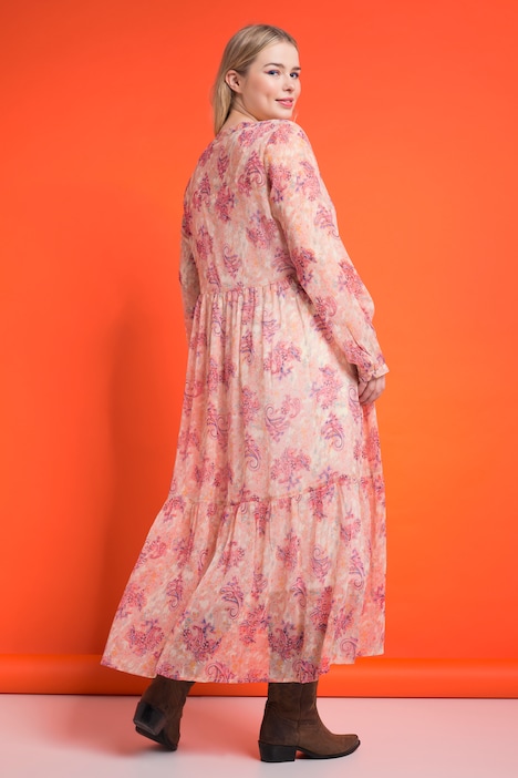 Maxikleid, A-Line, doppellagig, Paisley Print, Langarm