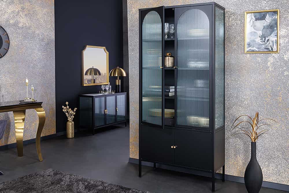 Moderne Vitrine PARIS 180cm schwarz gold Riffelglas Metall Highboard Schrank