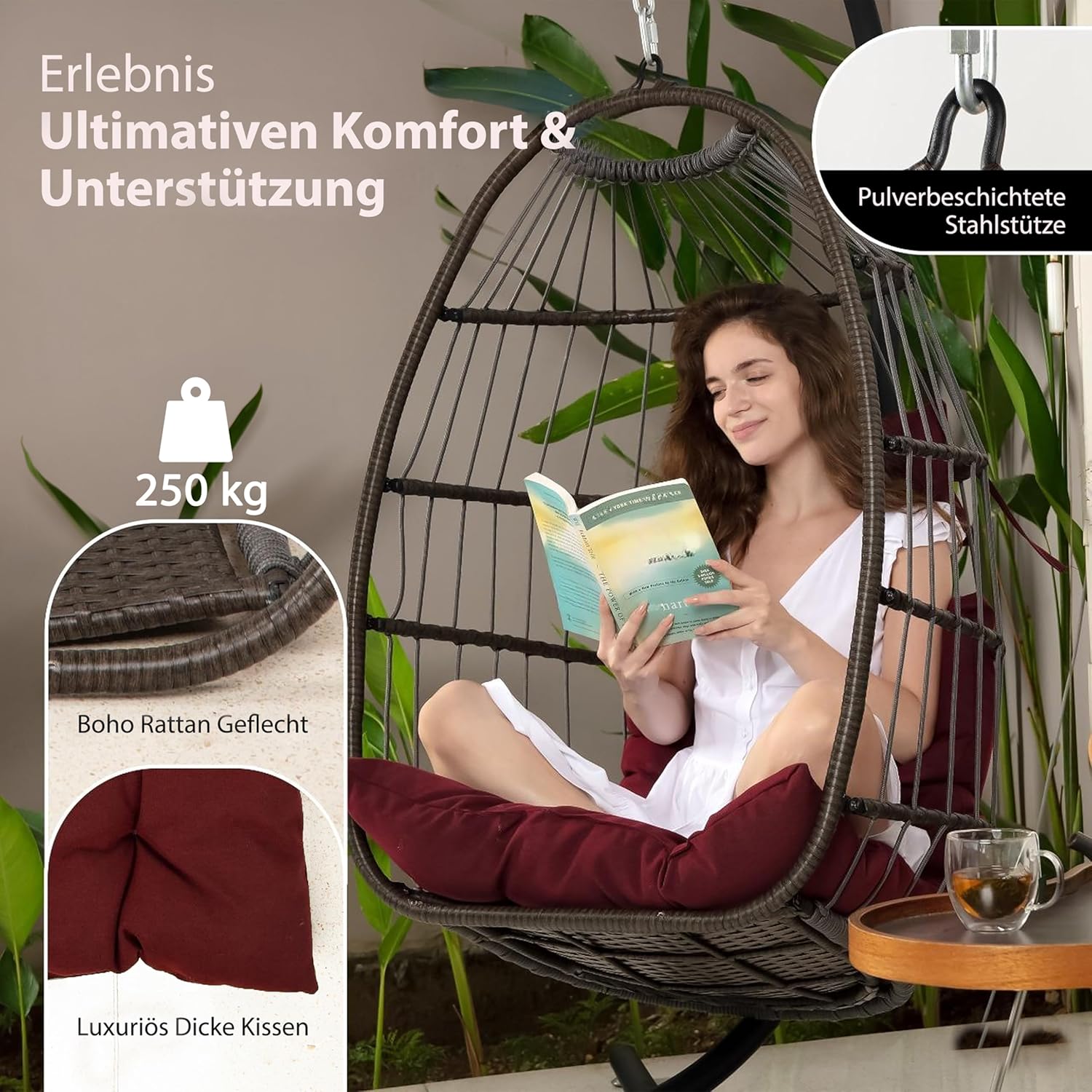 SereneLife Hängesessel mit Gestell Rot – Schaukelstuhl Relaxsessel bis 250kg Faltbarer Hängesessel mit dicken Kissen für Balkon, Garten, Indoor - Wetterfest & platzsparend