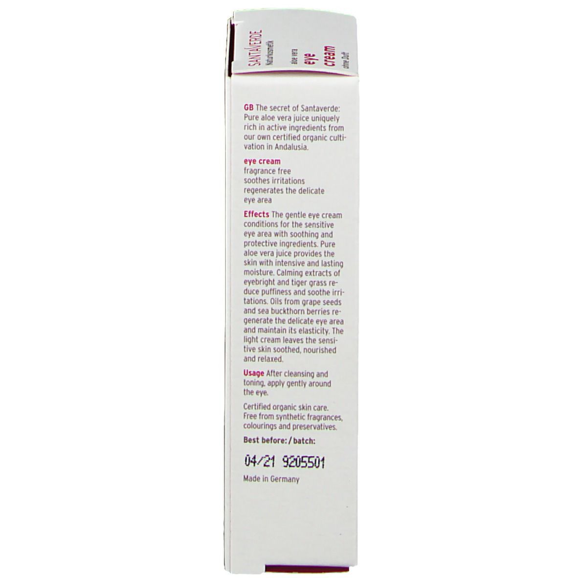 SANTAVERDE Aloe Vera Augencreme ohne Duft
