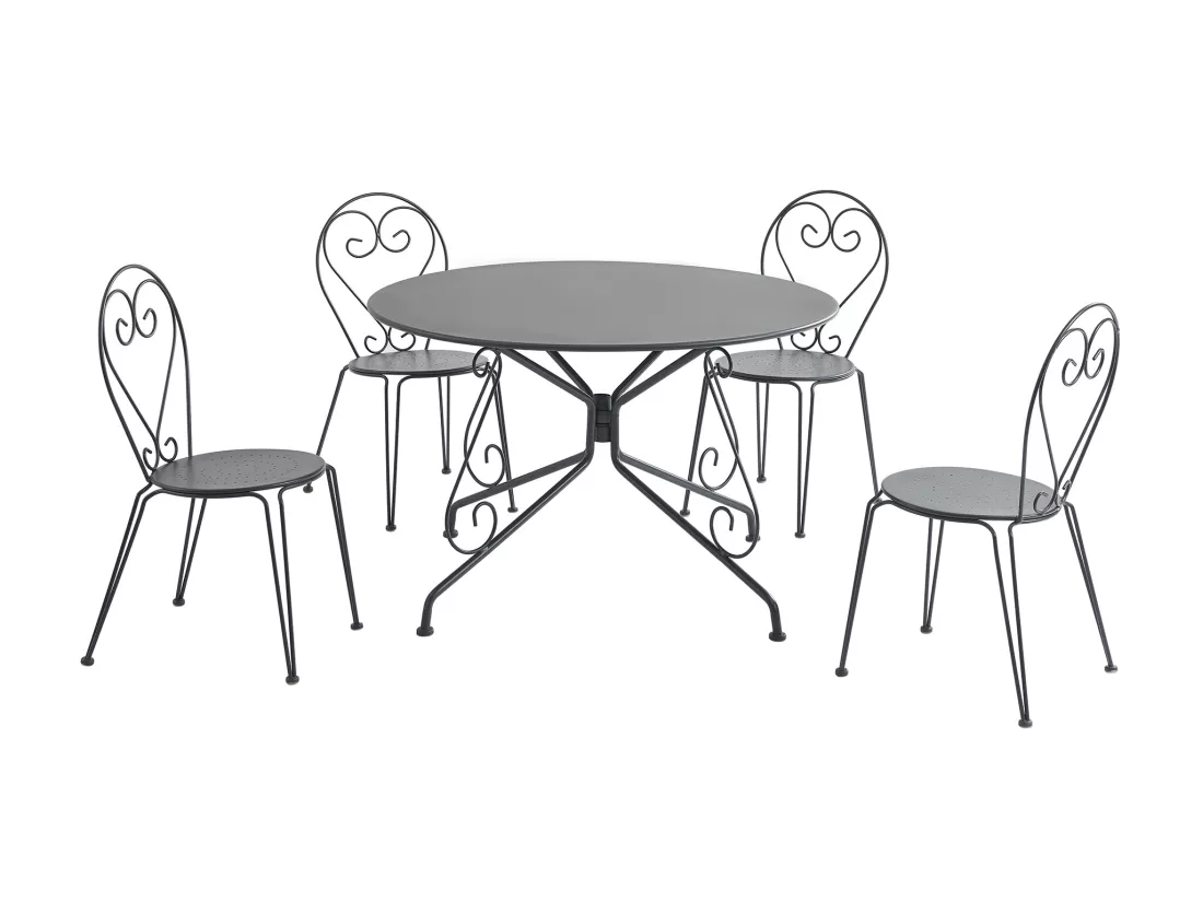Salle à manger de jardin en métal façon fer forgé : une table D.120cm et 4 chaises empilables - Anthracite - GUERMANTES de MYLIA