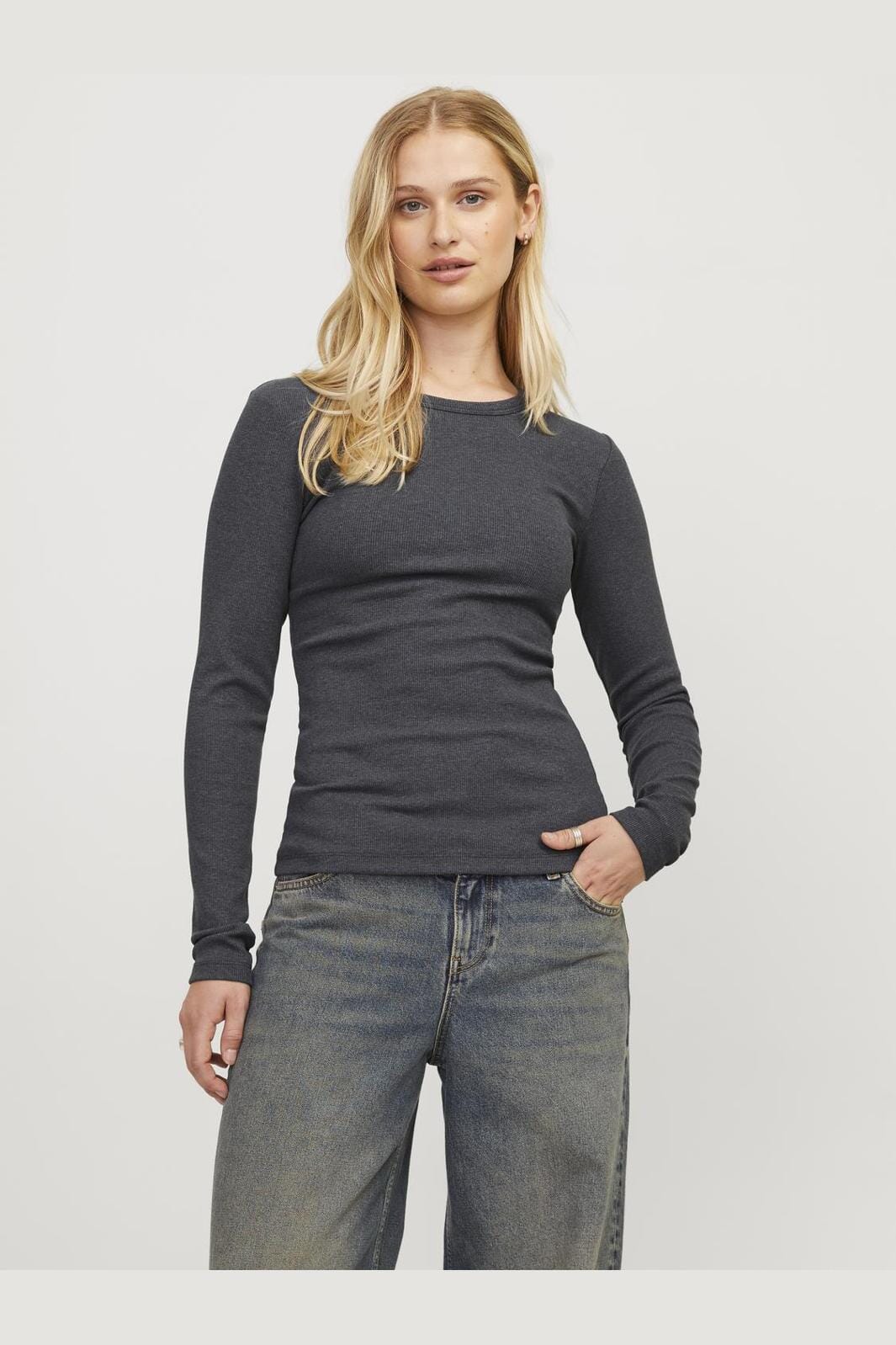 Jjxx Jxfreya Str Ls Rib Tee 4512554 dark grey melange
