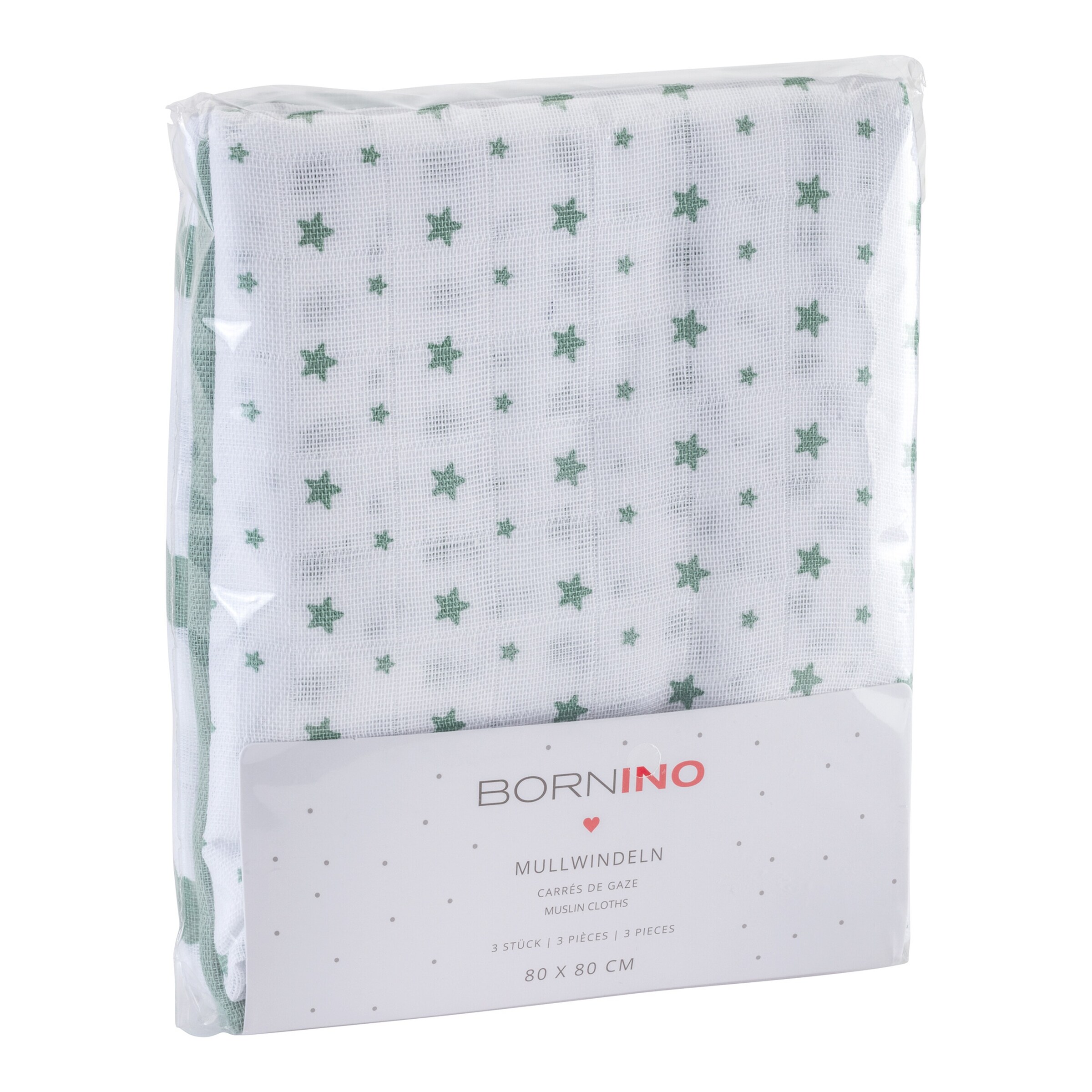 Bornino - Lieblinge 3er-Pack Mullwindeln Wolken und Sterne 80x80 cm grün