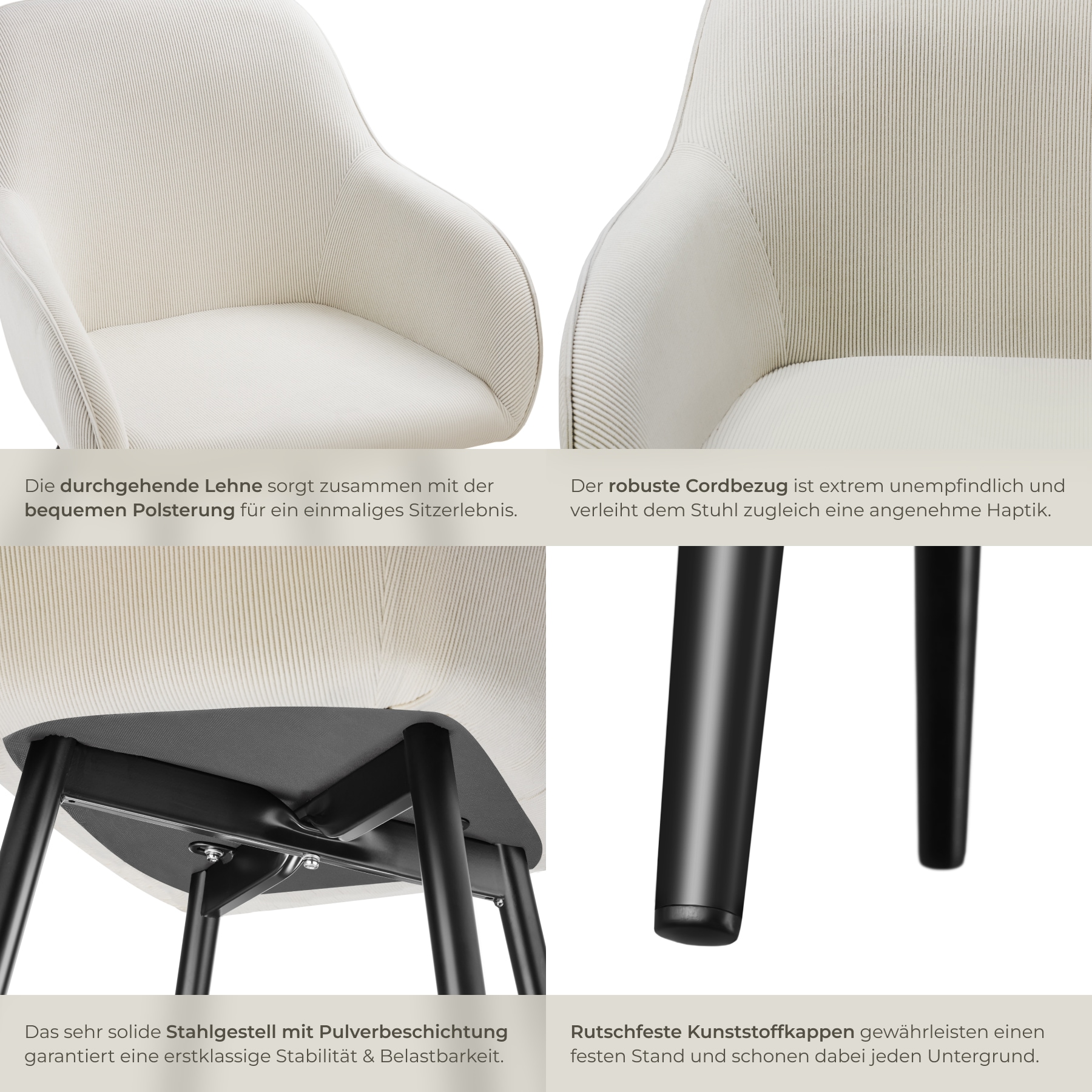 tectake® Esszimmerstuhl, gepolstert, in Cordoptik, robuste Stahlbeine, 58 x 62 x 82 cm