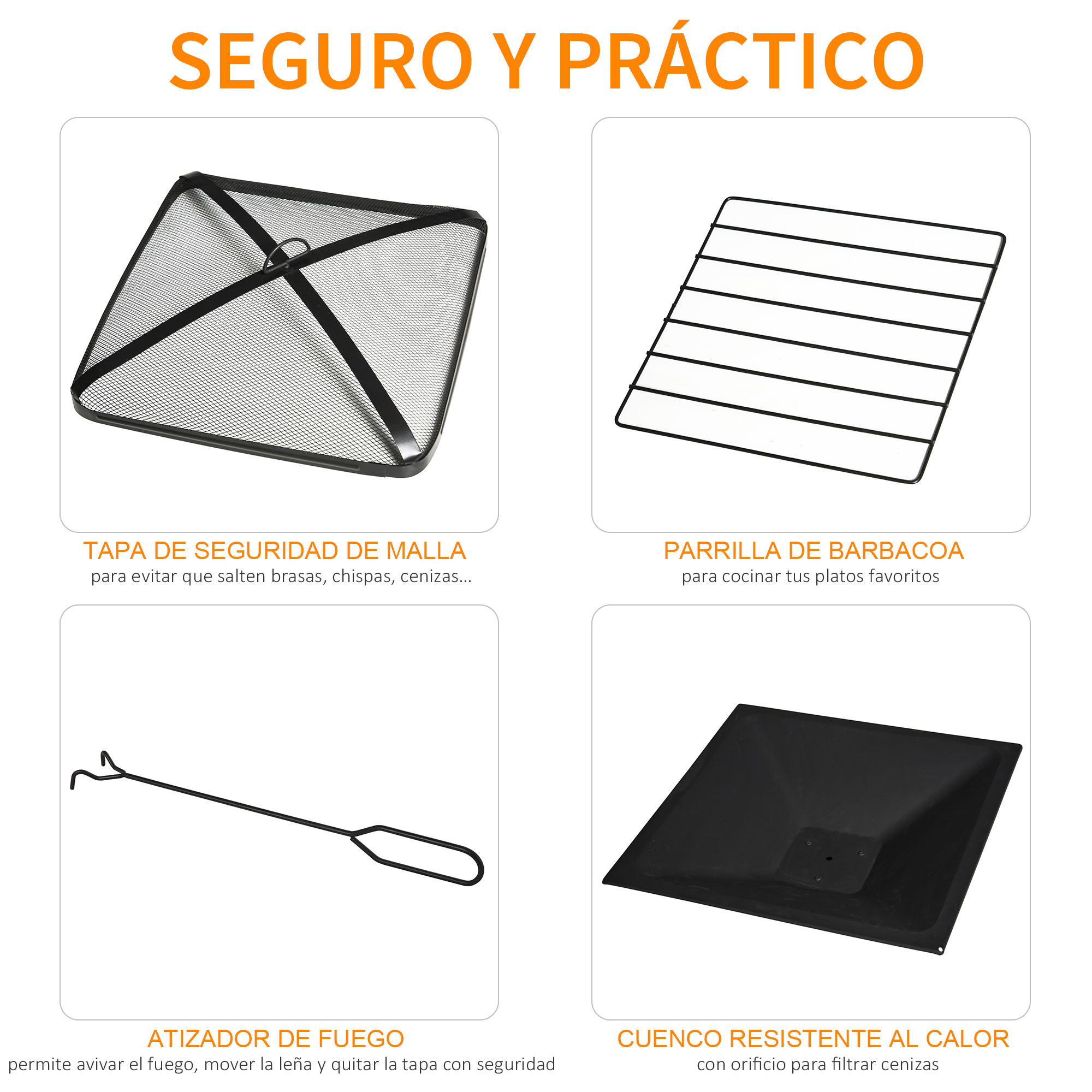 Aquecedor de lareira externa Outsunny 76x76x47 cm multifuncional 3 em 1, com balde de gelo quadrado, novo estilo para aquecimento de churrasqueiras, terraços e jardins, preto.