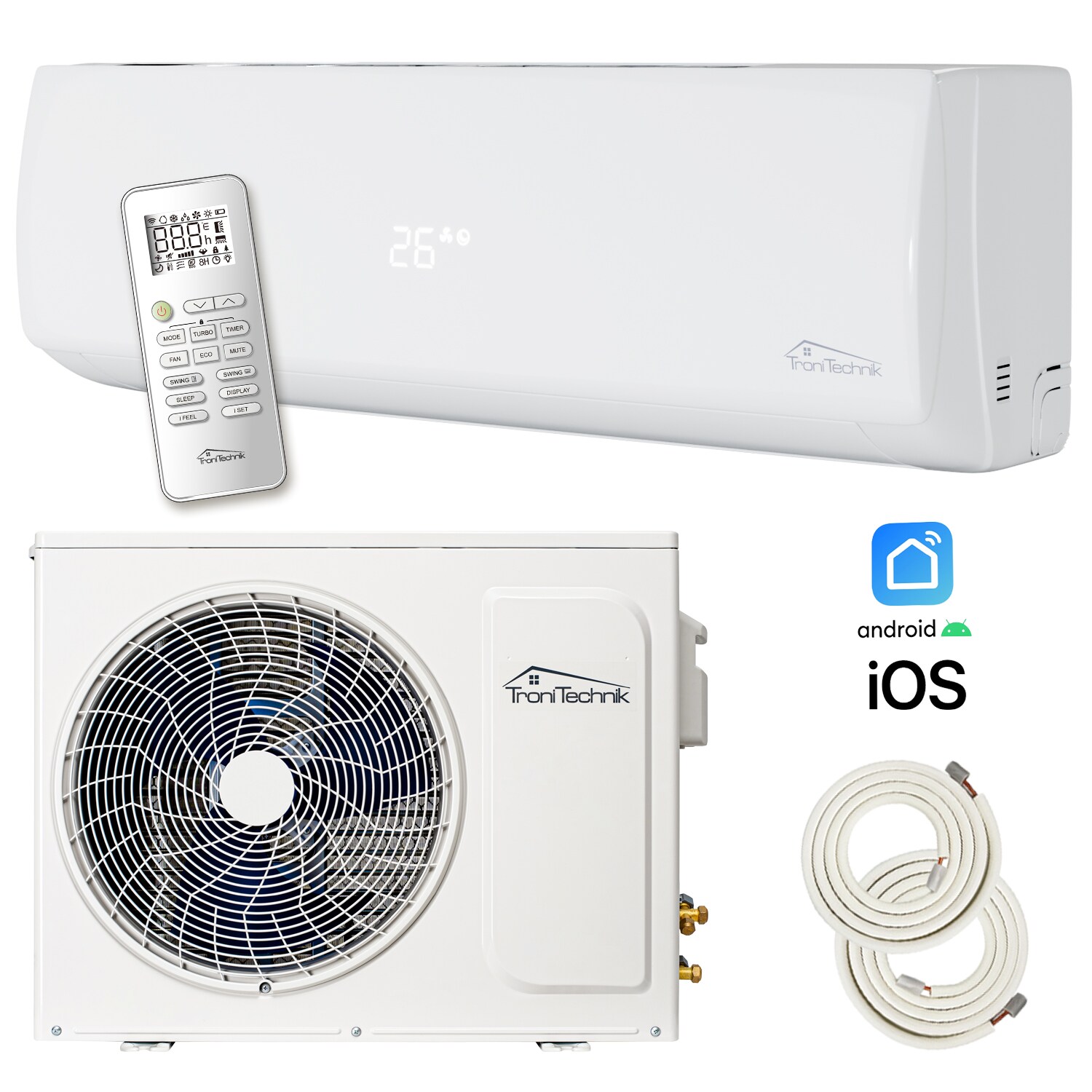 TroniTechnik® Split Klimaanlage Set DALVIK 2 mit WiFi/App Klimagerät - 9000 BTU,Fernbedienung,Timer,inkl. Kupferleitungen