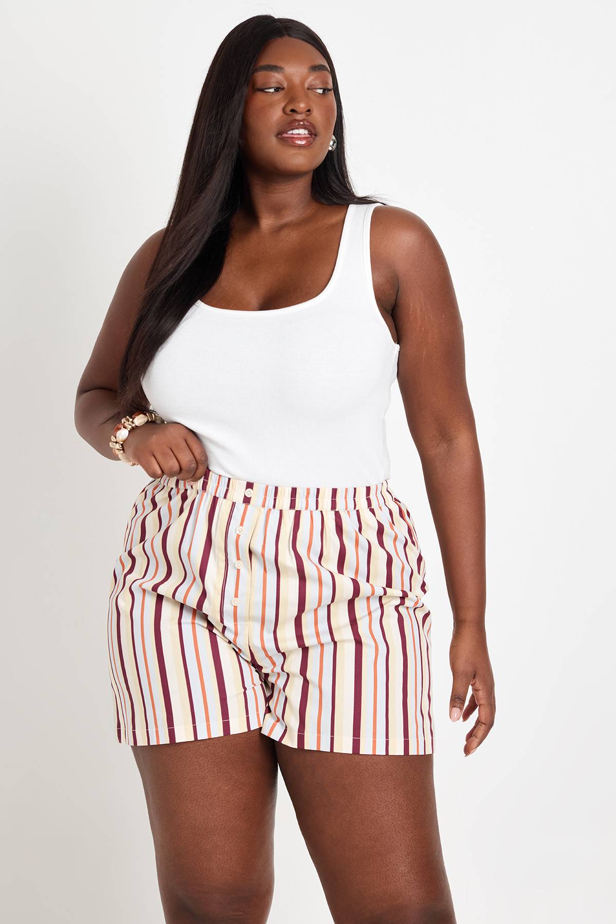 boohoo Short Henley Grande Taille Popeline À Rayures