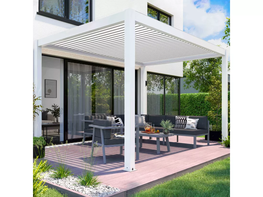 Pergola bioclimatique autoportée motorisée et éclairée 3x4 m blanc