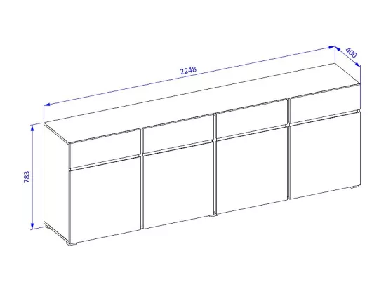 Buffet XL coloris vert sauge 225cm collection HAVANA. Bahut design avec 4 portes et 4 tiroirs.