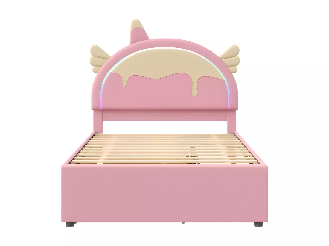Lit enfant 140x200cm avec un lit gigogne 90x190cm - tête de lit en forme de licorne avec LED - en similicuir - Rose
