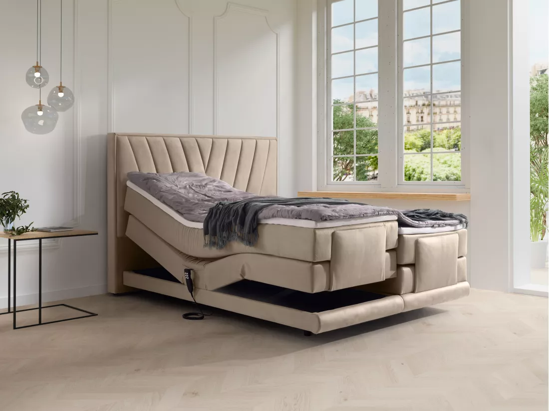 Ensemble complet boxspring tête de lit + sommiers relaxation électrique + matelas + surmatelas - 2 x 90 x 200 cm - Velours - Beige - LUMONI de YSMÉE