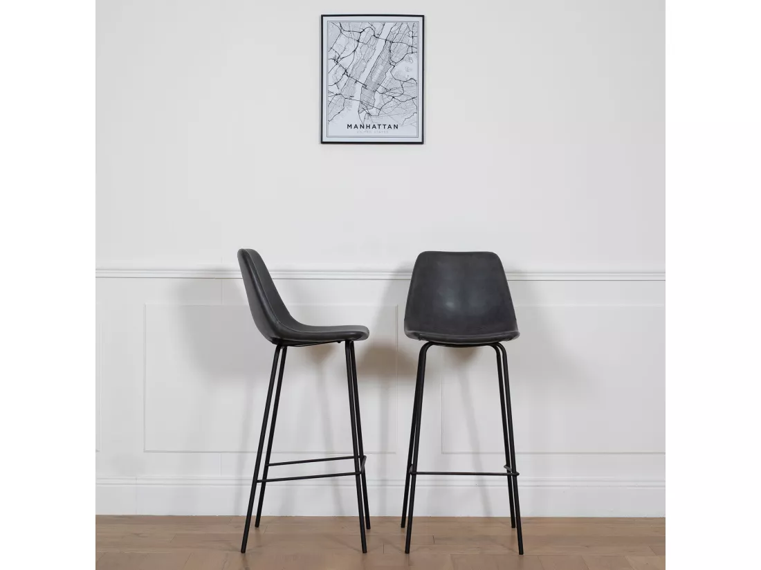 Lot de 2 tabourets de bar vintage LUCIEN gris foncé - Hauteur d'assise 75cm - HAPPY GARDEN