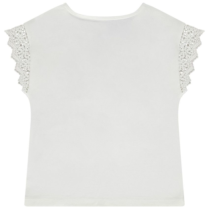 T-shirt manches courtes print arc-en-ciel et broderies pour fille - Ecru