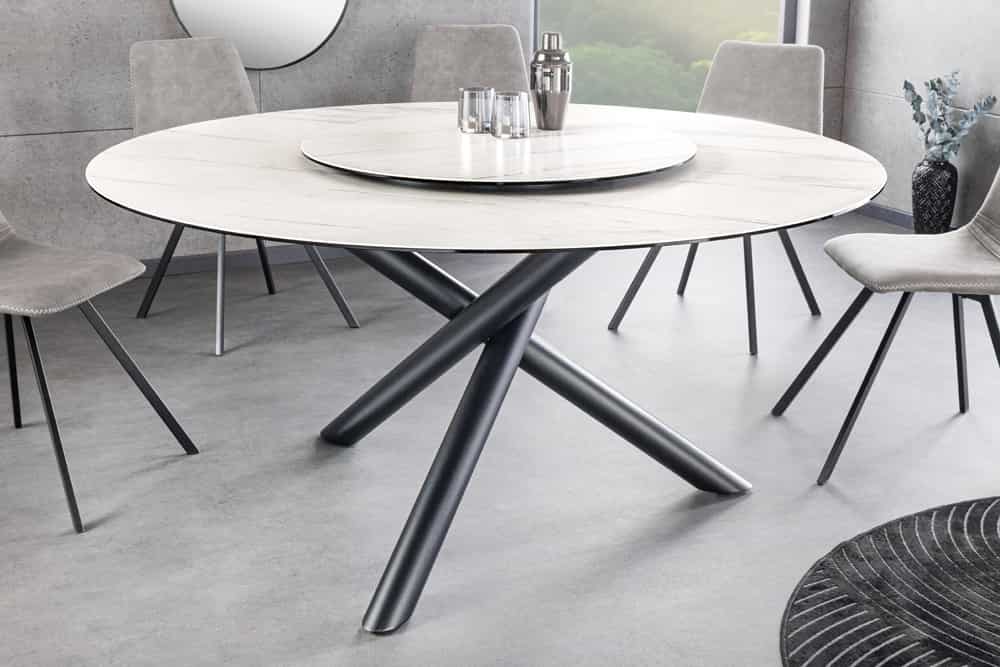 Runder Esstisch SPIN 150cm weiß mit 360° drehbarer Servierplatte Marmor Keramik schwarz