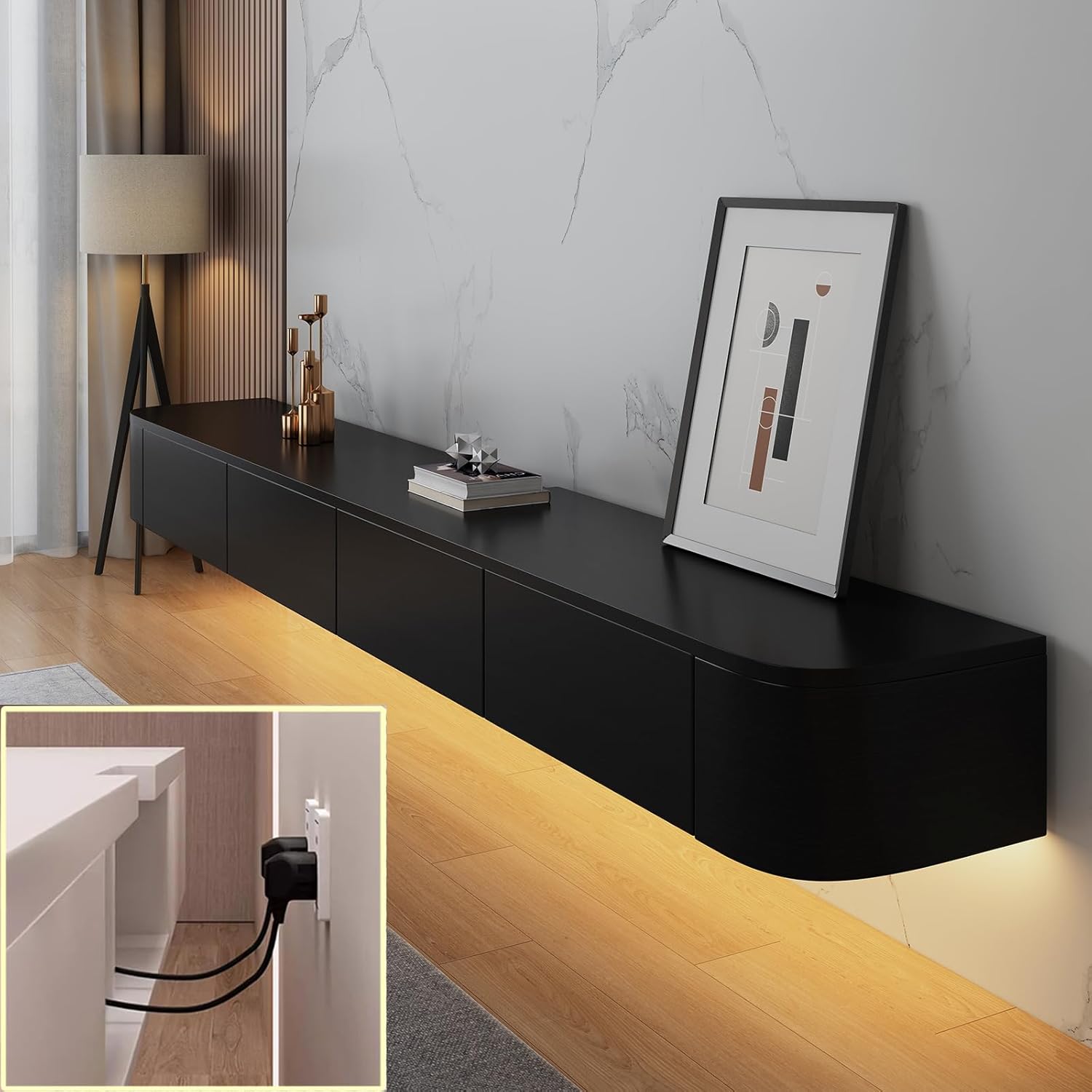 TV-Medienkonsole, schwimmender TV-Schrank, Wandmontage, TV-Schrank, mehrere große Aufbewahrungsmöglichkeiten, TV-Bank unter dem TV-Lowboard mit Schubladen (schwarz + LED, 140 x 20 x 24 cm) GI1054789
