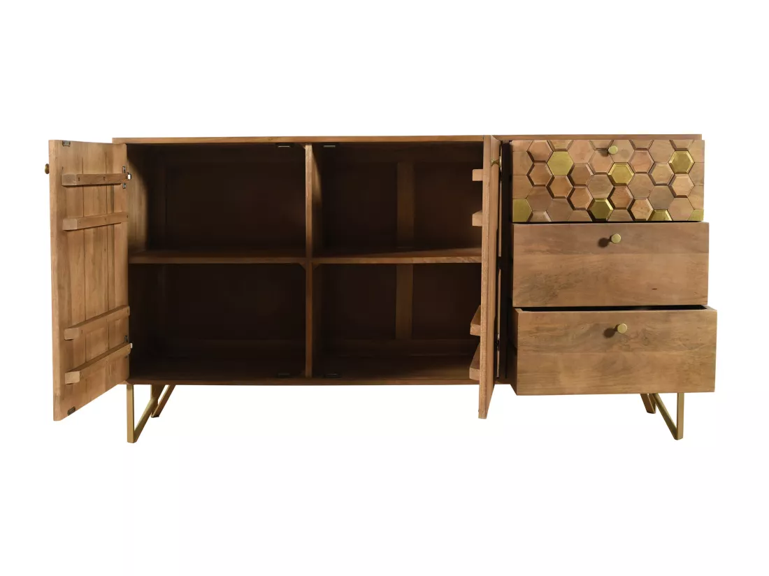 Buffet avec 2 portes et 3 tiroirs en bois de manguier et métal - Naturel foncé et Doré - BELORI