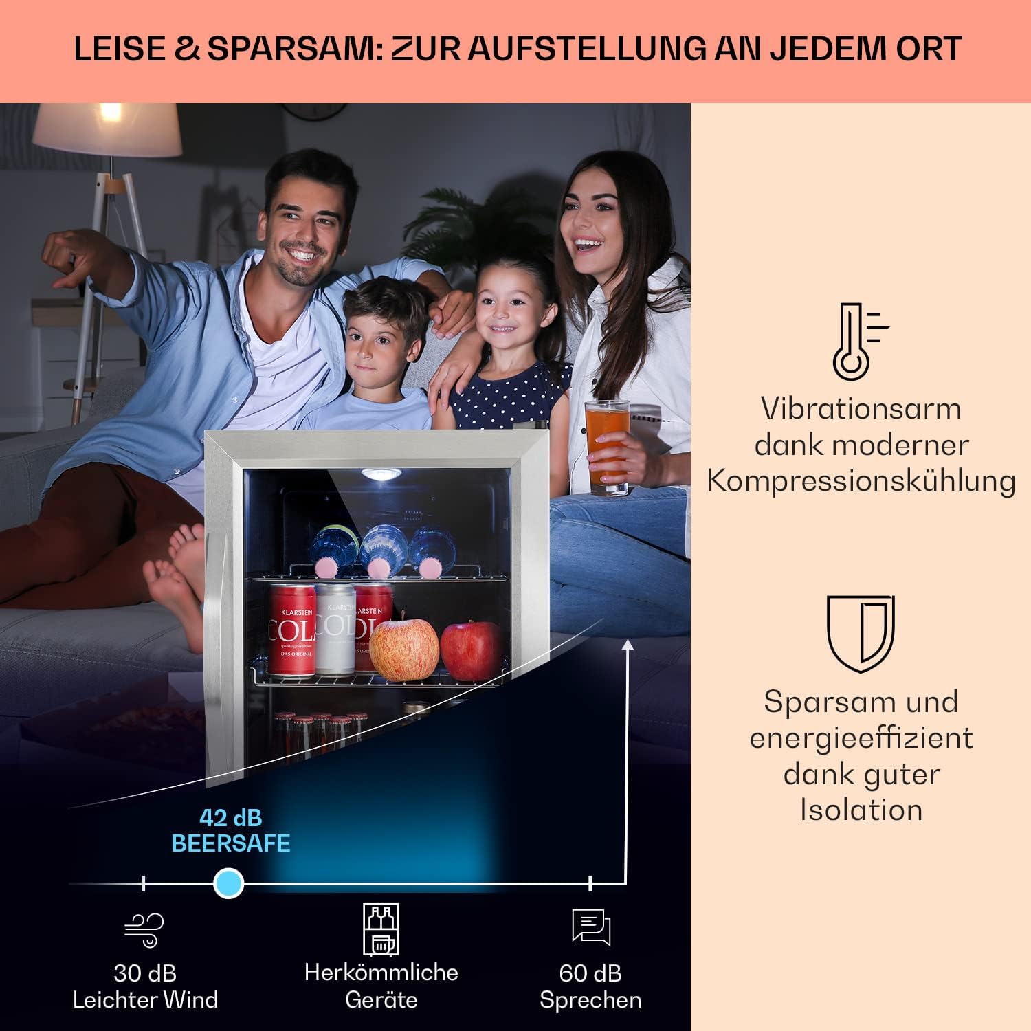 Klarstein Mini Kühlschrank mit Glastür, für Zimmer, Getränkekühlschrank Klein mit Verstellbaren Ablagen, 33 Liter, Indoor/Outdoor Kühlschrank Leise