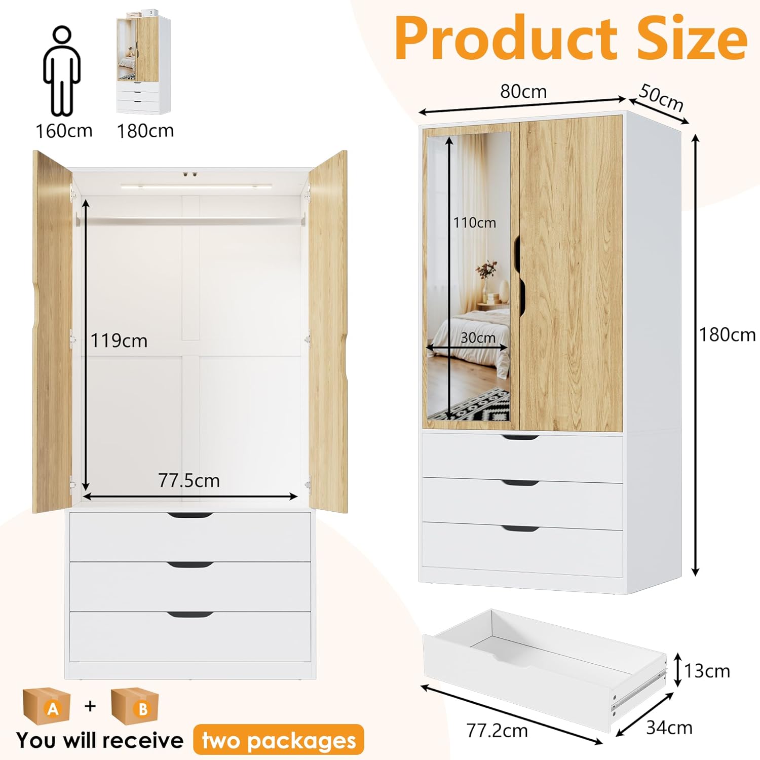 MSFE Armoire Chambre Penderie avec 2 Portes, Armoire Dressing Blanc avec Miroir, LED et 3 Tiroirs, Armoires de Rangement Bois pour Adulte Enfant, Garde-Robe Moderne 80 x 180 x 50 cm (L/H/P)