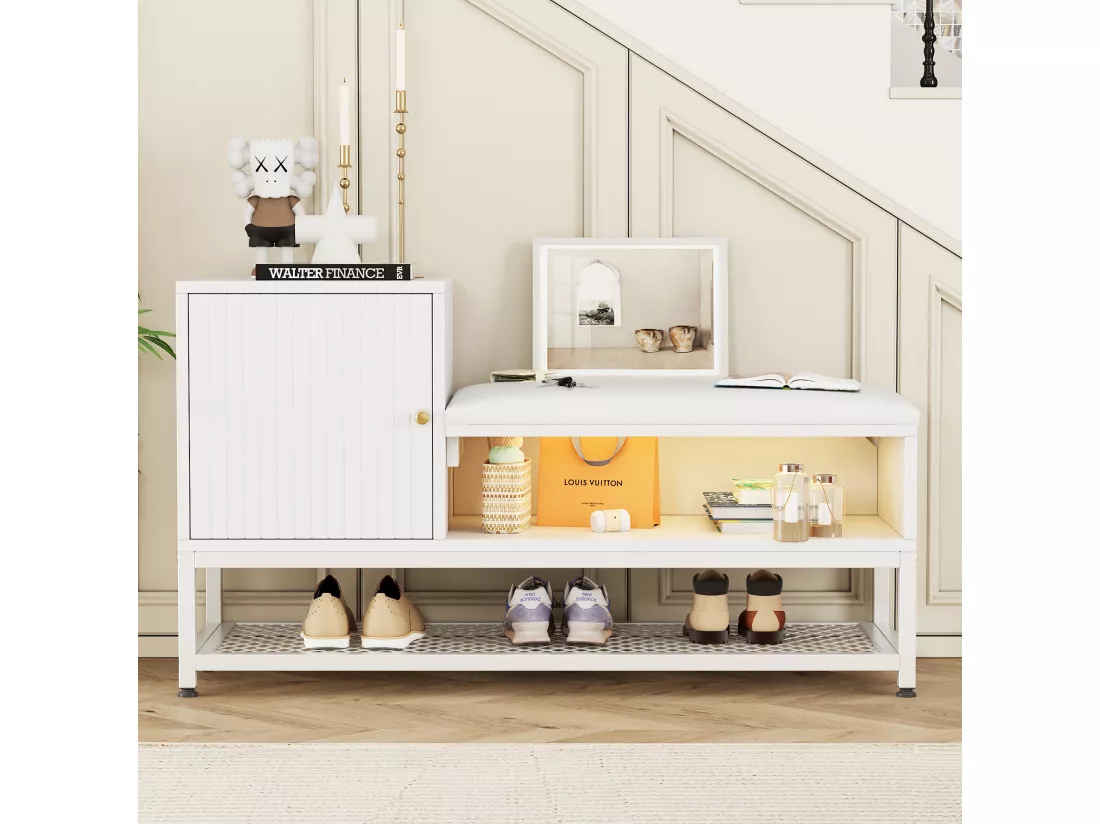 Meuble à chaussures avec banc et 1 porte - 100 x 38 x 59,7 cm - LEDs - Panneaux de particules - Blanc