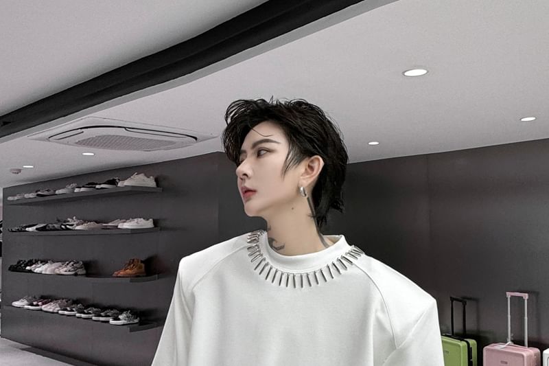 Freehop - T-shirt met elleboogmouwen en mockneck, effen en studs