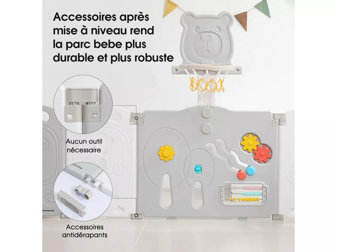 Yoleo Parc Bébé Pliable 8+2 Panneaux,Barrière de Sécurité Portail Parc avec Panier de Basket,Parc enfants Centre d'activités de sécurité, Plastique,Gris