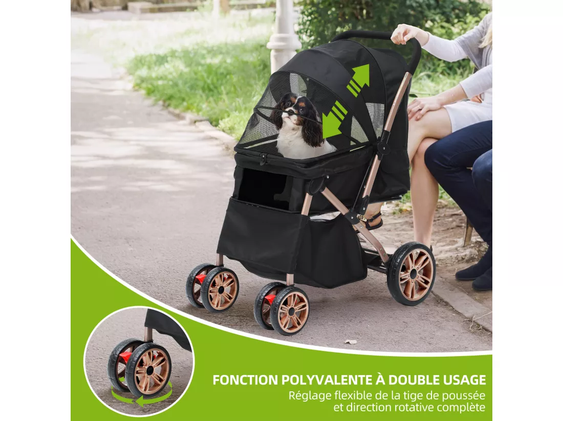 YITAHOME Poussette pour Chien Chat - avec Panier de Rangement - 4 Roulettes - Pliable - Noir