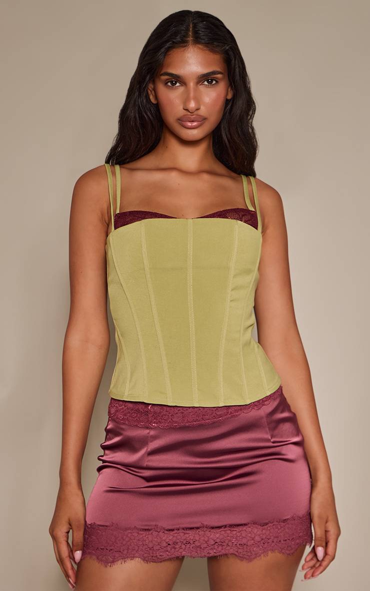 Chartreuse Corset À Bretelles En Tissage Avec Détail De Dentelle Contrastée