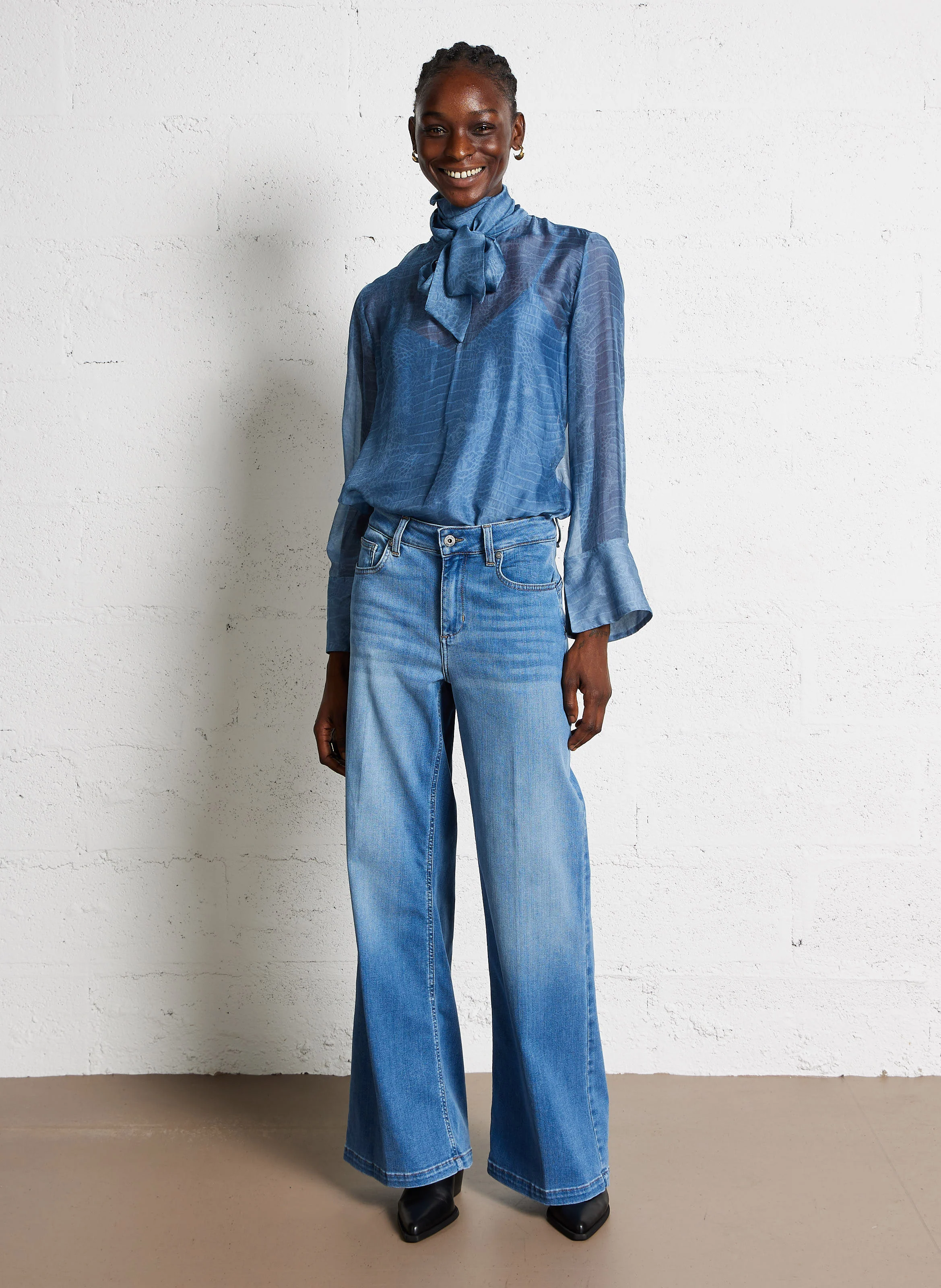 Jean flare taille haute en coton mélangé | Bleu